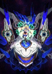1girl ahoge andromeda_(fate) andromeda_(third_ascension)_(fate) armored_boots blonde_hair boots breasts cetus_(fate) creature dark-skinned_female dark_skin exoskeleton fate/grand_order fate_(series) floating_hair full_body game_cg glowing glowing_hair gradient_hair halo hand_up high_collar highleg highleg_leotard lack leg_up leotard long_hair medium_breasts multicolored_hair official_art outstretched_arm science_fiction sleeved_leotard solo space thigh_boots thigh_gap third-party_source variant_set very_long_hair w wide_shot