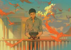 1boy animal bird black_pants blood blood_on_clothes blood_on_hands blood_on_neck brown_hair buttons closed_mouth cloud collared_shirt cowboy_shot erhuazi917 evening expressionless flock gundam gundam_hathaway&#039;s_flash hathaway_noa highres holding looking_down male_focus on_rooftop open_collar outdoors pants partially_unbuttoned radio_antenna railing red_eyes rooftop scar scar_on_neck shirt shirt_tucked_in short_hair sleeves_rolled_up solo standing thorns very_short_hair white_shirt wing_collar