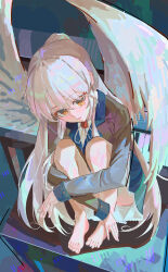 Rule 34 | 1girl, absurdres, angel beats!, angel wings, bare shoulders, commentary, english commentary, grey jacket, hair between eyes, highres, hugging own legs, iinagi (kashiwa keira), jacket, long hair, orange eyes, red brooch, sitting, solo, tachibana kanade, white hair, wings