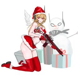 1girl absurdres assault_rifle bandeau blonde_hair christmas fake_wings full_body fur-trimmed_skirt fur_trim gift girls&#039;_frontline gloves gun hat highres kneeling looking_at_viewer m4_carbine m4_sopmod_ii_(girls&#039;_frontline) navel peinlike red_eyes red_footwear red_gloves red_hat red_skirt red_thighhighs rifle santa_costume santa_hat skirt snowman solo thighhighs trigger_discipline weapon white_wings wings