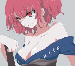 1girl bad_id bad_pixiv_id bare_shoulders breasts cleavage female_focus ica large_breasts off_shoulder onozuka_komachi red_eyes red_hair simple_background smirk solo touhou