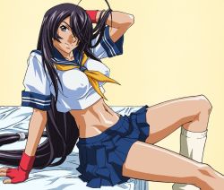 1girl arm_up bed blue_eyes breasts covered_erect_nipples female_focus fingerless_gloves gloves hand_on_own_head ikkitousen kan&#039;u_unchou large_breasts long_hair looking_at_viewer midriff navel purple_hair school_uniform seductive_smile sitting skirt smile solo very_long_hair yabusame