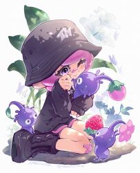 1girl bandaid bandaid_on_face bandaid_on_nose black_boots black_hat black_sweater boots bucket_hat closed_mouth commentary commission crossover english_commentary food fruit hat highres inkling inkling_girl inkling_player_character kora_(midorin_mob) medium_hair nintendo pikmin_(series) purple_pikmin sitting sleeves_past_wrists smile splatoon_(series) splatoon_3 strawberry sweater tearing_up tentacle_hair wariza