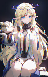 1girl absurdres bare_shoulders black_collar black_dress blonde_hair blue_eyes breasts cartethyia_(wuthering_waves) chromatic_aberration closed_mouth collar commentary_request crown_of_thorns dress earrings feet_out_of_frame hand_up highres jewelry long_hair necklace parted_bangs pointy_ears sidelocks sitting small_breasts smile sock_puppet solo tabard tacet_mark_(wuthering_waves) thighs very_long_hair white_tabard wuthering_waves wuzhihuijia