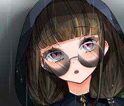 1girl aimai_mayday black_raincoat blunt_bangs blush brown_hair collared_shirt commentary gradient_background grey_background hashtag-only_commentary highres hood hood_up kachimachi_kosuzu link!_like!_love_live! looking_at_viewer love_live! low_twintails medium_hair official_alternate_costume open_mouth pink_eyes portrait rere_88rere round_eyewear shirt short_twintails sidelocks solo sunglasses teeth twintails upper_teeth_only virtual_youtuber