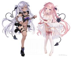 2girls absurdres babydoll black_footwear blue_eyes bow breasts bridal_legwear chrome_(kedama_milk) collarbone commentary_request cross-laced_footwear dark-skinned_female dark_skin demon_girl demon_tail detached_collar detached_sleeves fishnet_sleeves fishnets framed_breasts frilled_babydoll frilled_panties frilled_thigh_strap frills full_body gloves grey_hair grin hair_ornament hairclip hand_on_own_hip head_wings heart heart_hands_failure heart_o-ring heart_tail highres kedama_milk light_blush long_hair looking_at_viewer multiple_girls navel o-ring o-ring_thigh_strap open_mouth original panties pink_hair platform_footwear platform_heels pointy_ears pubic_tattoo purple_eyes red_bow revealing_clothes sakyumama_(kedama_milk) simple_background small_breasts smile stirrup_legwear striped_leggings tail tattoo thigh_strap thighhighs thumbs_up toeless_legwear two_side_up underwear very_long_hair watermark web_address white_babydoll white_background white_gloves white_panties white_thighhighs wings