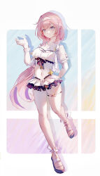 1girl bikini bikini_skirt blue_eyes breasts cleavage commentary elf elysia_(honkai_impact) elysia_(miss_pink_elf)_(honkai_impact) elysia_(summer_miss_elf)_(honkai_impact) hairband highres honkai_(series) honkai_impact_3rd long_hair medium_breasts mrruaaa navel official_alternate_costume open_mouth pink_hair pointy_ears sandals scrunchie simple_background smile solo stomach swimsuit symbol-only_commentary thigh_strap white_bikini white_hairband wrist_scrunchie