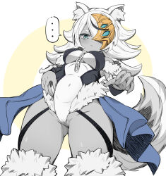 ... 1girl animal_ear_fluff animal_ears blue_eyes breasts chain colored_skin commentary_request covered_navel cowboy_shot duel_monster fingernails garoudo_(kadouhan&#039;i) grey_hair grey_skin half_mask highres leotard long_hair lunalight_silver_hound mask one_eye_covered solo spoken_ellipsis tail white_leotard wolf_ears wolf_girl wolf_tail yu-gi-oh! yu-gi-oh!_arc-v