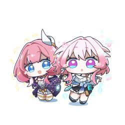 2girls :o arikuigames1105 blue_skirt breasts camera chibi chibi_only coat commentary_request cyrene_(honkai:_star_rail) dress hair_ornament highres honkai:_star_rail honkai_(series) march_7th_(honkai:_star_rail) march_7th_(preservation)_(honkai:_star_rail) medium_hair multicolored_eyes multicolored_hair multiple_girls open_mouth pink_hair purple_coat shirt simple_background skirt two-tone_eyes two-tone_hair white_background white_dress white_hair white_shirt