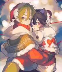 2boys animal_ears bishounen blurry blurry_background pom_pom_beanie bokeh butterfly_cut capelet cat_ears cowboy_shot depth_of_field double-parted_bangs dragon_tail fur-trimmed_capelet fur-trimmed_shirt fur_trim genderswap genderswap_(ftm) hair_between_eyes hand_on_another&#039;s_arm hand_on_another&#039;s_chest hat highres hood hood_down horns looking_at_viewer looking_back male_focus mittens multiple_boys night original outdoors santa_hat shirt short_hair skin-covered_horns tail winter yaoi yuumii_0120