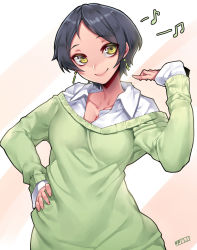 10s 1girl black_hair breasts cleavage collarbone earrings female_focus hand_on_own_hip hayami_kanade idolmaster idolmaster_cinderella_girls jewelry jjune large_breasts long_sleeves looking_at_viewer musical_note parted_bangs quaver shirt short_hair smile solo sweater upper_body yellow_eyes
