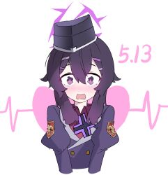 1girl black_hat black_jacket blue_archive blush collared_shirt commentary cropped_torso double-parted_bangs english_commentary garrison_cap hair_between_eyes hair_ornament hairclip halo happy happy_tears haruka_(blue_archive) hat heart heartbeat highres jacket juliet_sleeves lcz long_sleeves looking_at_viewer nose_blush open_mouth parallel_hairclips puffy_sleeves purple_eyes purple_hair purple_halo purple_pupils red_shirt shirt short_hair_with_long_locks solo tearing_up tears upper_body wavy_eyes wavy_mouth wide-eyed