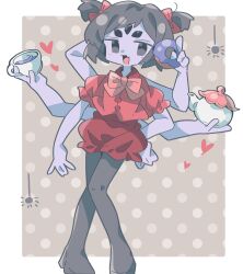 arthropod_girl asechiruk black_hair black_socks bug cup deltarune donut extra_eyes food heart highres insect_girl monster monster_girl muffet open_mouth pants pink_ribbon red_pants red_shirt ribbon shirt silk socks spider spider_girl spider_web teacup undertale