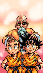 3boys bald bald_male beard black_eyes black_hair blush brown_eyes dragon_ball facial_hair happy headpat highres hug kuririn looking_at_viewer master_and_apprentice master_and_pupil multiple_boys muten_roushi smile son_goku sunglasses
