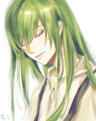 1other androgynous closed_eyes enkidu_(fate) fate/grand_order fate_(series) green_hair hair_between_eyes highres long_hair other_focus parted_lips pppeipeipipi robe simple_background smile solo upper_body white_background white_robe