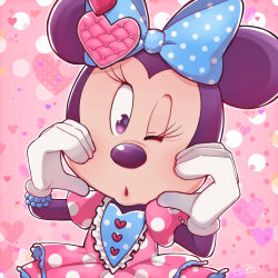 1girl animal_ears bow cheesecaked23 disneyland dress eyelashes gloves hair_bow heart highres looking_at_viewer mickey_mouse_&amp;_friends minnie_mouse mouse_ears mouse_girl one_eye_closed open_mouth pink_dress polka_dot polka_dot_dress white_gloves