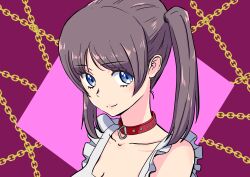 Rule 34 | 1girl, absurdres, apron, blue eyes, breasts, brown hair, chain, cleavage, collar, collarbone, commentary request, frilled apron, frills, highres, hirapapa, medium breasts, original, portrait, profile, red collar, smile, solo, twintails, white apron
