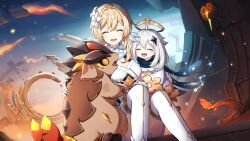 2girls :d ^_^ absurdres blonde_hair blue_cape breasts cape cleavage closed_eyes commentary day dress english_commentary facing_viewer feather_hair_ornament feathers feet_out_of_frame flower genshin_impact hair_flower hair_ornament halo hand_on_another&#039;s_back happy highres little_one_(genshin_impact) lumine_(genshin_impact) medium_breasts multiple_girls open_mouth outdoors paimon_(genshin_impact) parted_lips second-party_source short_hair_with_long_locks sitting smile star_(symbol) star_hair_ornament su34ma tepetlisaurus_(genshin_impact) thighhighs white_dress white_flower white_romper white_thighhighs