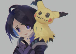 1boy ahoge allister_(pokemon) black_hair bright_pupils collared_shirt commentary_request gen_7_pokemon gloves grey_background gym_leader hands_up highres kikuyoshi_(tracco) long_sleeves looking_at_viewer male_focus mimikyu mole mole_under_mouth nintendo own_hands_together pokemon pokemon_(creature) pokemon_swsh purple_eyes raised_eyebrows shirt short_hair simple_background single_glove smile suspenders suspenders_slip white_pupils