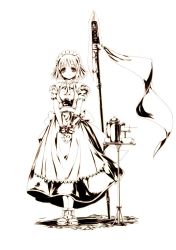 1girl apron character_request cup dress eien_no_aselia esperia eternity_sword_series female_focus highres hitomaru maid monochrome official_art own_hands_together polearm shoes short_hair smile solo spear table teacup teapot weapon