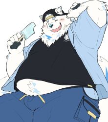 1boy animal_ears backwards_hat bara baseball_cap black_shirt blue_pants blue_shirt blush bulge dog_boy dog_ears dog_nose dog_tail food furry furry_male hat highres holding holding_food holding_popsicle live_a_hero looking_at_viewer male_focus midriff_peek multicolored_hair nikukyu299paw one_eye_closed open_clothes open_mouth open_shirt pants pawpads popsicle shirt smile streaked_hair tail white_fur yohack