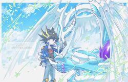 Rule 34 | 1boy, 5656isikoro, black hair, black shirt, blonde hair, blue jacket, blue pants, brown gloves, chibi, dragon, duel monster, fudo yusei, gloves, happy birthday, highres, jacket, male focus, medium hair, multicolored hair, pants, profile, shirt, spiked hair, stardust dragon, streaked hair, two-tone hair, yu-gi-oh!, yu-gi-oh! 5d&#039;s