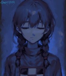 1girl blue_background braid brown_hair closed_eyes commentary english_commentary frown madotsuki portrait signature solo spicyfuse sweater turtleneck turtleneck_sweater twin_braids yume_nikki