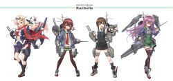 Rule 34 | 4girls, absurdres, adapted costume, alternate costume, argyle clothes, argyle legwear, black hair, black pantyhose, black ribbon, black serafuku, black skirt, black socks, black thighhighs, blonde hair, blue jacket, brown hair, cannon, commentary request, crescent, crescent pin, fingerless gloves, flower, fubuki (kancolle), fubuki kai ni (kancolle), full body, gloves, gradient hair, green eyes, green sailor collar, green skirt, gundam vidar, hair flaps, hair ornament, hair ribbon, hairclip, highres, jacket, kantai collection, kisaragi (kancolle), kisaragi kai ni (kancolle), long hair, looking at viewer, low ponytail, machinery, minosu, multicolored hair, multiple girls, mutsuki (kancolle), mutsuki kai ni (kancolle), neckerchief, open mouth, pantyhose, pleated skirt, ponytail, purple eyes, red eyes, red neckerchief, red scarf, ribbon, rudder footwear, running, sailor collar, scarf, school uniform, serafuku, ship turret, short hair, short ponytail, sidelocks, simple background, skirt, smokestack, socks, standing, sweater vest, sword, thighhighs, weapon, white background, white scarf, yuudachi (kancolle), yuudachi kai ni (kancolle)