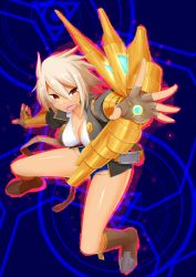 Rule 34 | blazblue, breasts, bullet (blazblue), cleavage, large breasts, scar, short hair, short shorts, shorts, tan, white hair, yellow eyes