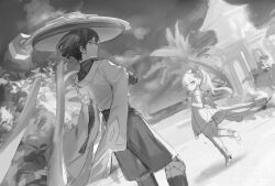 Rule 34 | 1boy, 1girl, anklet, armlet, ass, belt, bloomers, bodysuit, building, bush, cape, closed mouth, cloud, cross-shaped pupils, crossed arms, detached sleeves, dokaco (bb bg0), foot up, furisode, genshin impact, greyscale, hand up, hat, japanese clothes, jewelry, jingasa, kimono, long hair, looking at viewer, looking back, monochrome, nahida (genshin impact), outdoors, rope, scaramouche (genshin impact), short sleeves, shorts, side ponytail, sidelocks, sketch, sky, smile, socks, stirrup footwear, symbol-shaped pupils, tassel, tree, tsurime, turtleneck, turtleneck bodysuit, underwear, wanderer (genshin impact), watercolor effect, watermark