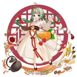 1girl :d antenna_hair basket black_shoes breasts character_request commentary_request food_request full_body green_hair grey_eyes holding holding_basket japanese_clothes kettle kimono long_hair long_sleeves looking_at_viewer low_twintails medium_breasts miyoshino official_art open_mouth puffy_long_sleeves puffy_sleeves shoes smile solo sugar_conflict twintails very_long_hair white_background white_kimono