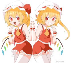 2girls armpits ascot blonde_hair cowboy_shot crystal crystal_wings flandre_scarlet grin hair_between_eyes hat hat_ribbon highres looking_at_viewer masakamea mob_cap multiple_girls open_mouth paid_reward_available red_eyes red_vest ribbon short_hair short_sleeves side_ponytail simple_background sleeveless smile thighhighs touhou vest white_background wings wrist_cuffs yellow_ascot