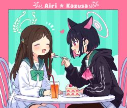 2girls airi_(blue_archive) animal_ears black_hair black_jacket blue_archive bow bowtie brown_hair brown_pantyhose cake cake_slice cat_ears closed_eyes colored_inner_hair commentary_request cup drinking_glass drinking_straw feeding food food-themed_hair_ornament fork green_bow green_bowtie green_neckerchief hair_ornament hairclip halo holding holding_fork hood hood_down hooded_jacket ice_cream_hair_ornament jacket kazusa_(blue_archive) long_hair long_sleeves looking_at_another multicolored_hair multiple_girls neckerchief notice_lines on_chair onyhakase open_mouth pantyhose pink_eyes pink_hair pink_halo pleated_skirt school_uniform serafuku shirt short_hair sitting skirt smile strawberry_cake table thighhighs two-tone_hair white_halo white_serafuku white_shirt white_skirt white_thighhighs