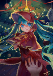1girl blue_eyes blue_hair christmas gloves holding_hands hat huayue league_of_legends long_hair red_gloves silent_night_sona solo_focus sona_(league_of_legends) twintails