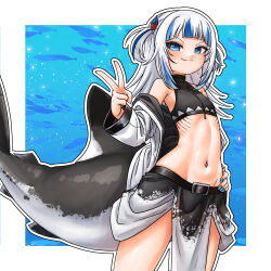 1girl alternate_costume black_shirt blue_eyes blue_hair blue_nails blush commentary cowboy_shot crop_top fangs fins fish_tail gawr_gura gills highres hololive hololive_english long_hair looking_at_viewer multicolored_hair navel shark_girl shark_tail shirt sidelocks sleeveless sleeveless_shirt solo standing stomach streaked_hair superfann tail v virtual_youtuber white_hair zipper