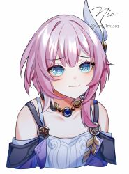 Rule 34 | 1girl, blue eyes, breasts, coat, collarbone, commentary request, cropped torso, cyrene (honkai: star rail), dress, hair ornament, honkai: star rail, honkai (series), jewelry, medium hair, multicolored hair, necklace, om rm1101, pink hair, purple coat, simple background, small breasts, smile, solo, twitter username, two-tone hair, white background, white dress, white hair