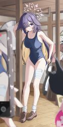 1girl absurdres animal_ears blonde_hair blue_archive blush breasts colored_inner_hair full_body garados_(limmjiiiminnn99) hair_over_one_eye halo highres izuna_(blue_archive) large_breasts long_hair looking_at_viewer lop_rabbit_ears mary_janes michiru_(blue_archive) multicolored_hair ninjutsu_research_club_(blue_archive) outline purple_eyes purple_hair rabbit_ears school_swimsuit shoes socks solo_focus swimsuit tsukuyo_(blue_archive) white_outline