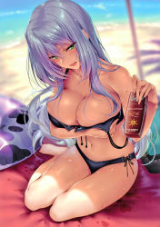 1girl absurdres amagasa_tsuzuri barefoot beach bikini black_bikini blurry blurry_background breast_hold breasts cleavage day depth_of_field female_focus front-tie_bikini_top front-tie_top green_eyes hair_between_eyes highres large_breasts long_hair mole mole_under_eye navel original piromizu scan side-tie_bikini_bottom sidelocks silver_hair sitting solo swimsuit tanning_oil untied_bikini wet wet_hair yokozuwari