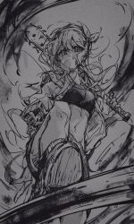 1girl absurdres aubrey_(faraway)_(omori) aubrey_(omori) baseball_bat blowing_bubbles chewing_gum crop_top greyscale hairband highres holding holding_baseball_bat jacket kyannu long_hair long_sleeves looking_at_viewer monochrome nail nail_(hardware) nail_bat navel omori solo