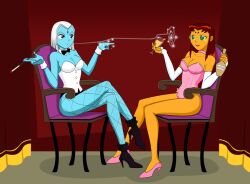 2girls black_boots black_bow black_bowtie blowing_smoke blue_skin boots bottle bow bowtie bowtie_collar chair choker cigarette cigarette_holder collar colored_skin corset corset_top cuff_links cuffs curtains dc_comics elbow_gloves facing_another finger_twirl fingerless_gloves fishnet_pantyhose fishnets forehead_jewel glass gloves green_eyes high_heels holding holding_bottle holding_cigarette holding_glass hourglass_body_figure hypnosis jimryu leotard mind_control multiple_girls mustard mustard_bottle narrow_waist open_mouth orange_skin pantyhose pink_bunny_suit pink_choker pink_heels pink_leotard playboy_bunny pointing pumps purple_eyes raven_(dc) red_background red_curtain red_hair smile smoke smoke_trail sparkling_eyes spell starfire straight_hair swirl teen_titans white_corset white_gloves white_hair wooden_chair
