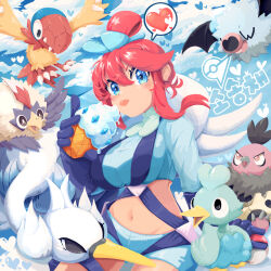 1girl archen beak bird blue_eyes blue_sky blush breasts casteliacone cloud cloudy_sky creatures_(company) crop_top ducklett food game_freak gen_5_pokemon gloves heart highres ice_cream large_breasts long_sleeves nintendo poke_ball pokemon pokemon_bw red_hair rufflet shorts sky skyla_(pokemon) swanna tongue tongue_out ttrtag vullaby woobat