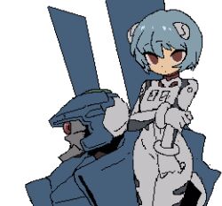 1girl arm_at_side arm_under_breasts ayanami_rei blue_hair bodysuit border brandon_(badger_g) breasts closed_mouth commentary cowboy_shot dot_mouth empty_eyes english_commentary eva_00 hair_between_eyes highres interface_headset_(evangelion) looking_at_viewer mecha mecha_pilot_suit neon_genesis_evangelion pixel_art plugsuit_(evangelion) red_bodysuit red_eyes robot short_hair simple_background small_breasts solo standing white_background white_border