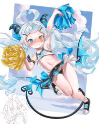 2girls akugaki_koa alternate_costume animal_ears arm_up armpits black_panties black_shoes black_skirt blue_eyes blue_shoes blue_skirt blue_sky blush border cheerleader close-up closed_mouth clothes_lift cloud cropped_shirt day demon_girl demon_horns demon_tail demon_wings dot_nose embarrassed eyebrows female_focus foot_up full_body hand_up heterochromia highleg highleg_panties horns idol_corp jumping laughing loli long_hair looking_at_another looking_at_viewer low_wings midriff miniskirt multicolored_shoes multicolored_skirt multiple_girls navel nekomancer03 nose_blush outdoors outstretched_arm panties pointy_ears pom_pom_(cheerleading) shirt shoes skirt skirt_lift sky sleeveless sleeveless_shirt smug sneakers socks solo_focus tail tears twintails underwear virtual_youtuber wavy_mouth white_border white_hair white_shoes white_skirt white_socks wings yellow_eyes