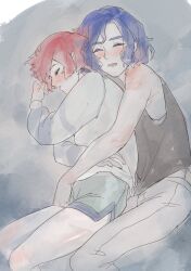 Rule 34 | 1boy, 1girl, amate yuzuriha, blue hair, blush, closed eyes, commentary request, drooling, grey background, gundam, gundam gquuuuuux, hetero, highres, hrendi88, hug, hug from behind, lying, mouth drool, on side, pants, red hair, short hair, shorts, shuji ito, sleeping, sleeveless, sweater, tank top