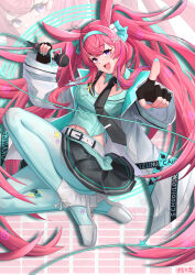 1girl :d absurdres arknights belt belt_buckle black_gloves black_necktie black_skirt blue_hairband blue_nails blue_pantyhose blue_shirt boots breasts buckle facial_mark fingerless_gloves gloves hair_intakes hair_ornament hairband hairclip highres holding holding_microphone jacket lightning_bolt_symbol long_hair long_sleeves looking_at_viewer medium_breasts microphone nail_polish navel necktie open_clothes open_jacket open_mouth orangeizumi outstretched_arm pantyhose pink_hair pointing pointing_at_viewer purple_eyes ray_(arknights) ray_(dreaming_high)_(arknights) shirt skirt smile solo tie_clip twintails very_long_hair white_belt white_boots white_jacket wide_sleeves x_hair_ornament zoom_layer