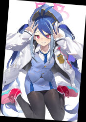 1girl absurdres antenna_hair black_pantyhose blue_archive blue_hair blue_hat blue_necktie blue_skirt blue_vest blush collared_shirt double_v fubuki_(blue_archive) grey_hair grin halo hat highres jacket long_hair long_sleeves necktie open_clothes open_jacket pantyhose pink_halo pink_shoes ramuri red_eyes shirt shoes sitting skirt smile solo twintails v vest wariza white_jacket white_shirt