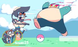1boy 1girl animal_ears animal_hands animated arms_up artist_name artist_self-insert black_eyes black_hair black_pants blue_jacket blue_sky bow brown_hair carrying chasing claws cloud creatures_(company) day diives extra_mouth fangs feet furry game_freak gameplay_mechanics gen_1_pokemon gen_3_pokemon glasses grass hat health_bar jacket long_sleeves lowres mawile mountain nintendo open_mouth outdoors pants pink_bow pink_shirt poke_ball_theme pokemon pokemon_(creature) pokemon_go pokemon_rgby pokemon_rse princess_carry running shirt shoes signature simple_background sky snorlax teeth text_focus white_footwear
