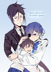 3boys absurdres bishounen black_hair bow butler child ciel_phantomhive english_text eyelashes eyepatch father_and_son gloves highres implied_yaoi kuroshitsuji male_focus multiple_boys open_mouth ouji_fashion parent_and_child sebastian_michaelis smile teeth theo_(kurosh00kie) uneasywolf
