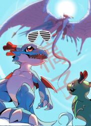 Rule 34 | babydmon, blue scales, blue sky, blurry, blurry background, commentary, commission, corrupted twitter file, digimon, digimon (creature), dracomon, dragon, dragon horns, dragon wings, english commentary, evolutionary line, examon, highres, horns, jinrou (cyanord k), looking up, purple eyes, red eyes, red scales, red wings, sky, standing, sun, watermark, wings