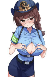 1girl absurdres armband belt black_survival blue_shirt blue_skirt blush braid breast_pocket breasts brown_eyes brown_hair cleavage clothes_pull collared_shirt commentary commentary_request cowboy_shot dress_shirt english_commentary eternal_return:_black_survival glasses hat highres korean_commentary large_breasts long_hair looking_at_viewer miniskirt mixed-language_commentary nose_blush partially_unbuttoned pencil_skirt pocket police police_hat police_uniform policewoman round_eyewear shirt shirt_pull shirt_tucked_in short_sleeves simple_background skirt solo suspenders suzuki_aya twin_braids twintails white-framed_eyewear white_background ziro_(zirorong)